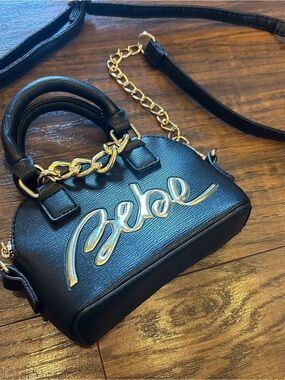 BEBE Black Mini Crossbody Purse Gold Script Logo Bag Handbag Retro Street Style